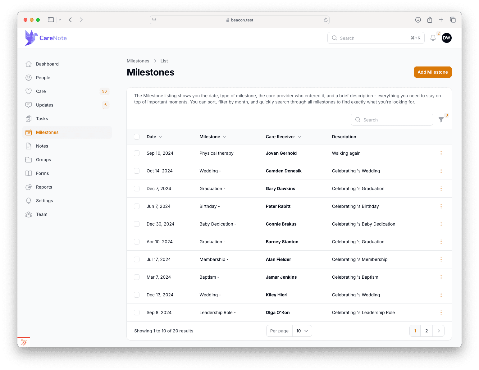 CareNote Milestones Screenshot